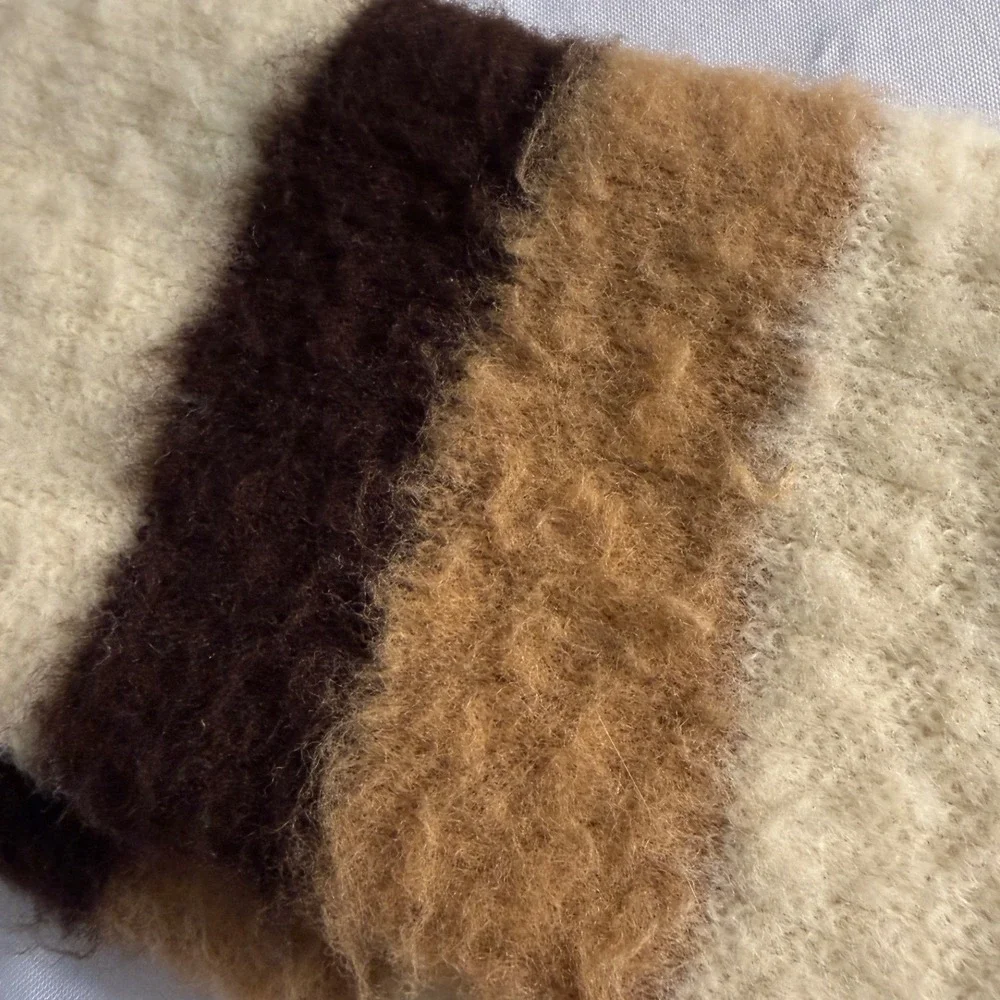 Fuzzy Striped Fringe Scarf Cream Brown Tan Mohair Look SOFT
